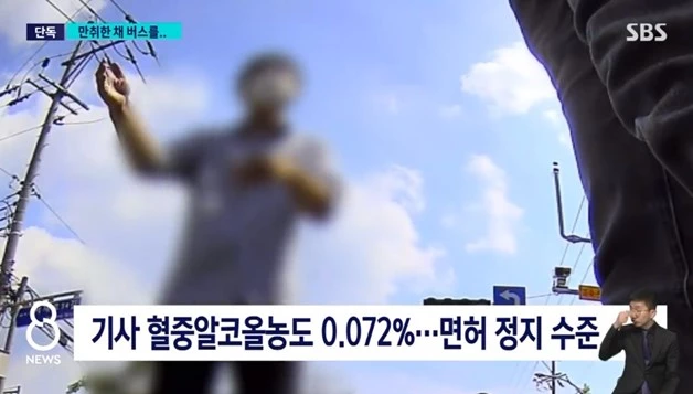 경찰이 출동해 음주 측정한 결과 당시 버스 기사의 혈중알코올농도는 0.072%로 면허 정지 수준이었다.