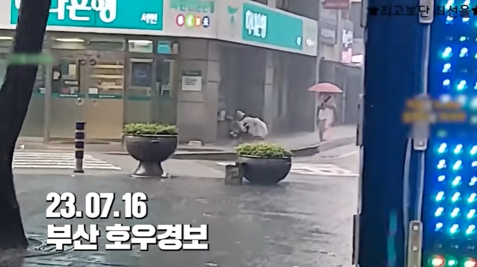 호우경보가 내려진 지난 16일 부산의 한 길거리 / 이하 유튜브 채널 '양양이'