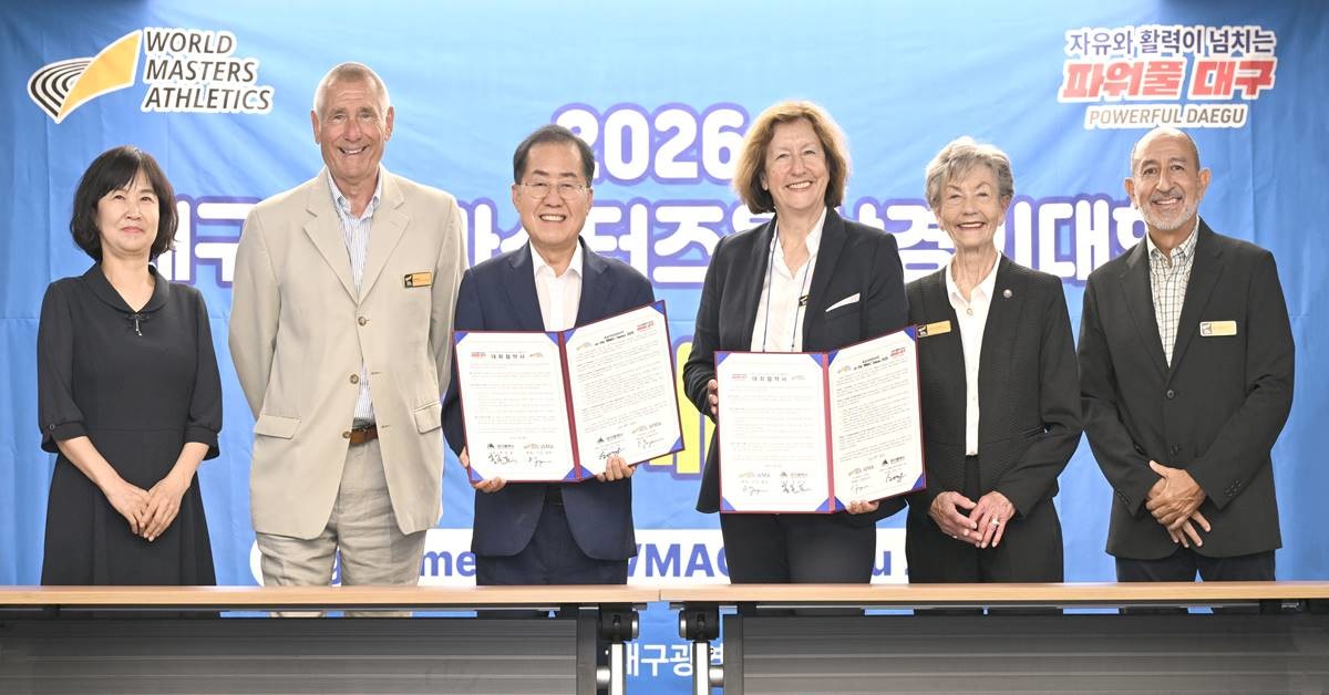대구광역시와 세계마스터스육상연맹(WMA:World Masters Athletics)은 지난 28일 산격청사 대회의실에서「2026대구세계마스터즈육상경기대회」의 성공적 개최를 위한 상호 협약을 체결했다./이하 대구시