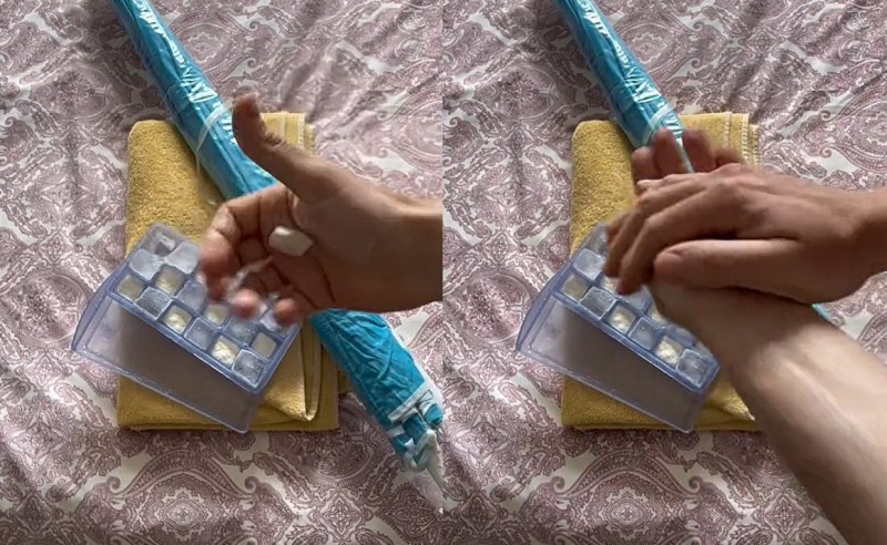 얼린 큐브 형태의 선크림을 바르는 틱톡커. 팔에 문질러도 얼어버린 선크림이 잘 녹지 않는다.
