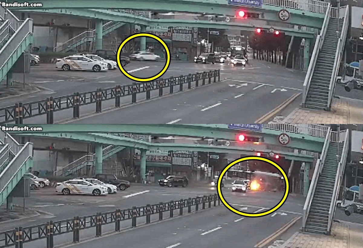 창원 석전사거리 택시 사고 블랙박스 캡처. 버스와 충돌 직후 불길이 치솟는 택시. / 온라인 커뮤니티 더쿠