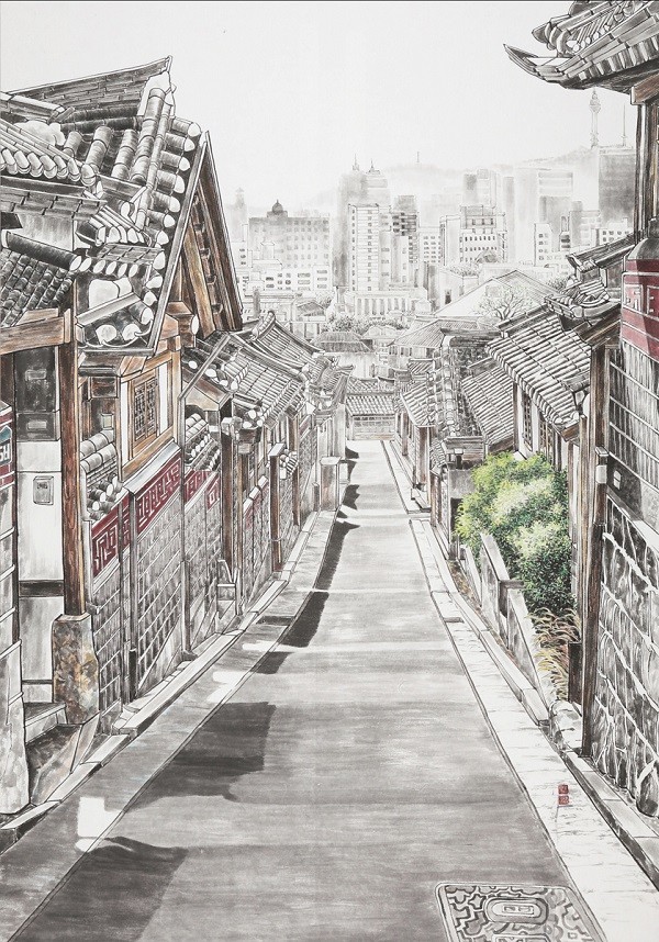김미경, 꿈, 희망 북촌한옥마을, 2023, 순지, 수묵채색, 205.7x143.7cm