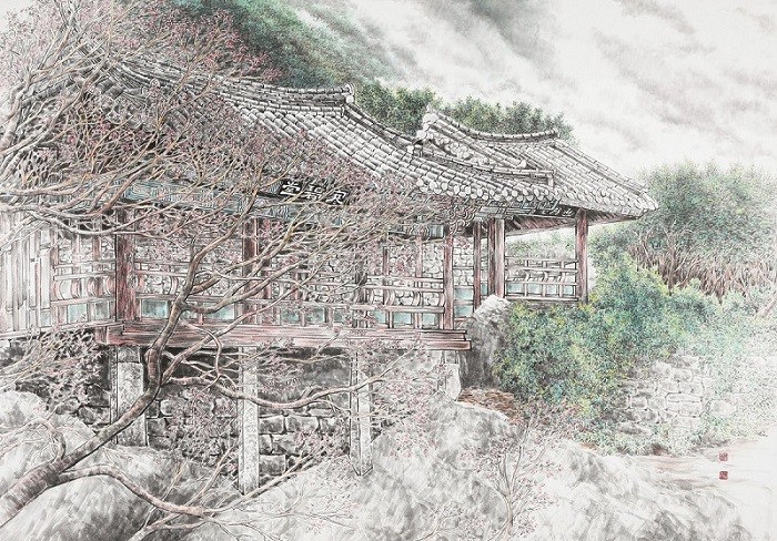 김미경, 다시, 한벽루의 봄I, 2022, 순지, 수묵채색, 205.7x143.7cm
