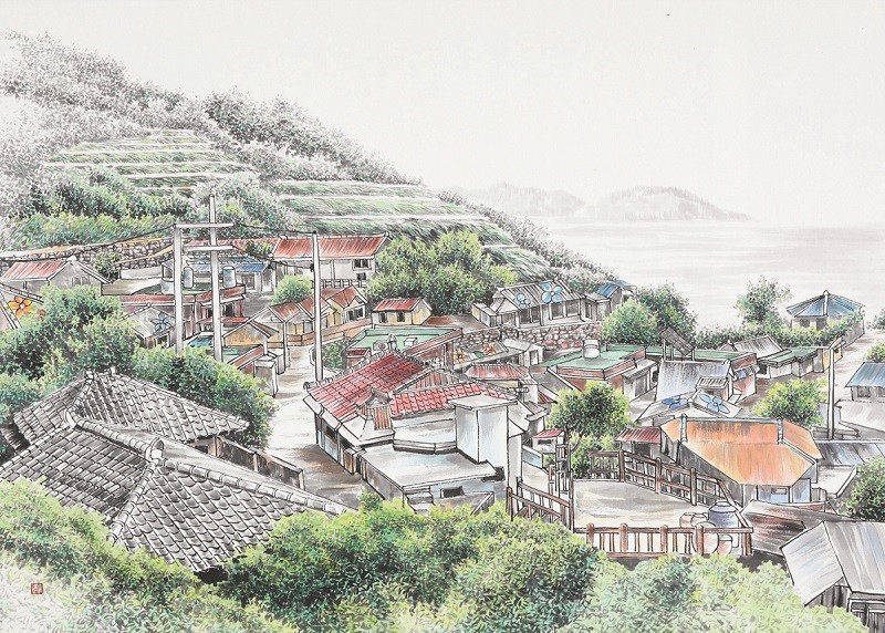 김미경, 안녕! 다랭이마을, 2023, 화선지, 수묵채색, 78.5x109.5cm