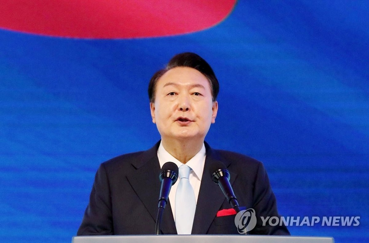 윤 대통령이 15일 서울 서대문구 이화여대 대강당에서 열린 제78주년 광복절 경축식에서 경축사를 하고 있다.