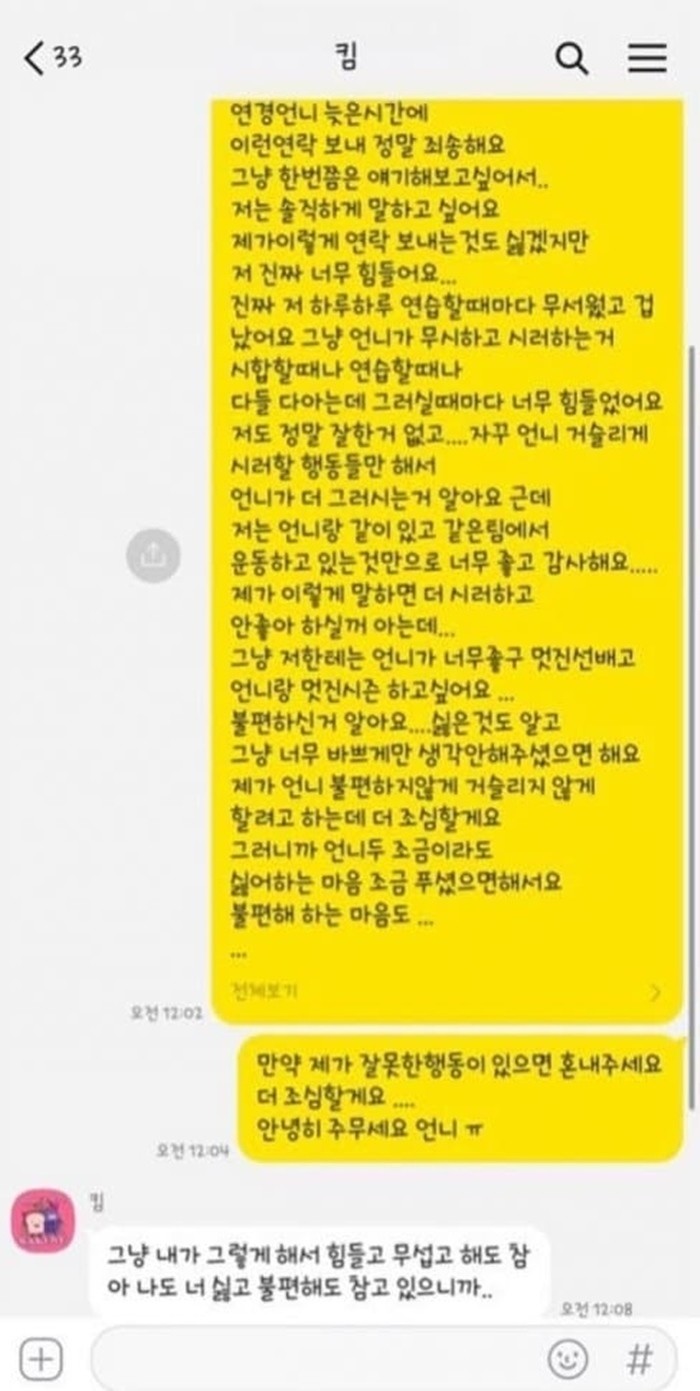 이다영 선수가 인스타그램에 공개했던 카카오톡 대화 내용