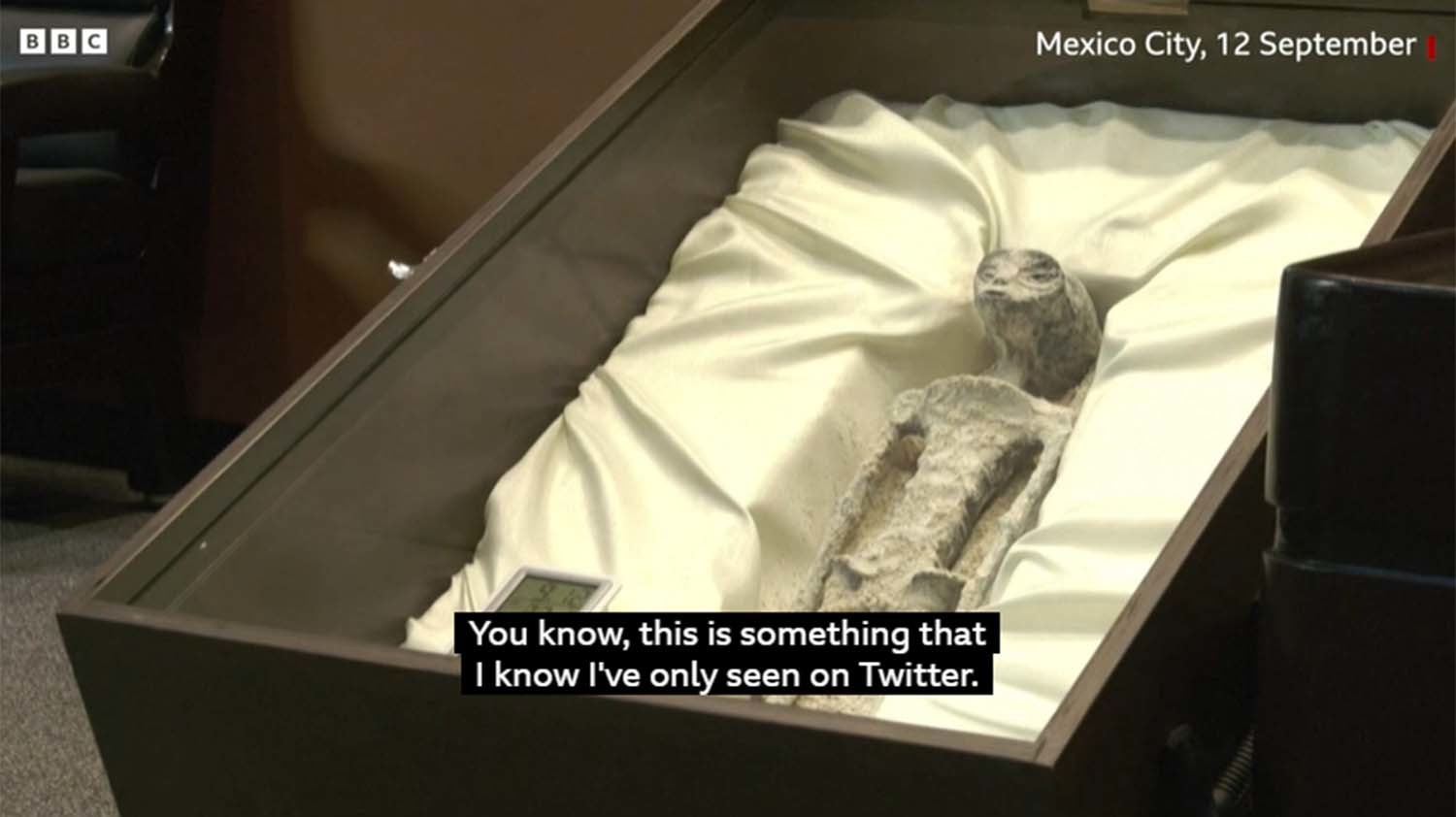 멕시코 언론인 호세 하이메 마우산이 멕시코 의회 청문회에서 공개한 괴물체. 마우산은 이 괴물체가 외계인 시신이라고 주장하고 있다. / BBC 영상 캡처