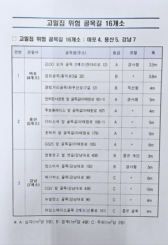 핼러윈 기간 고밀집 위험 골목길 16개소 / 서울 경찰청