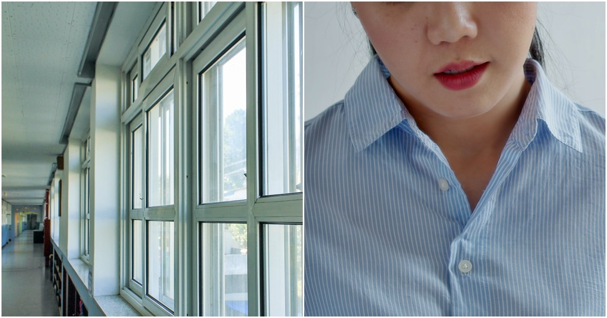 초등학교 복도와 심각한 표정의 여성 (참고 사진) / designbaek·Chay_Tee-shutterstock.com