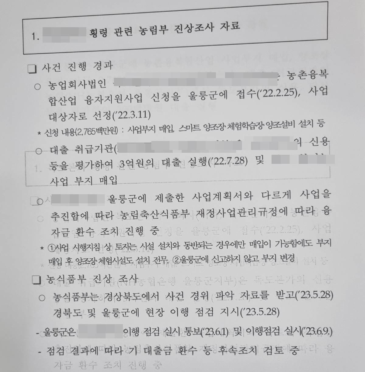 경북 울릉군의 농촌융복합산업 융자지원사업 비리의혹에 대한 농림부의 전방위적인 진상조사가 진행되고 있는 가운데 경찰도 조직적인 범죄혐의를 잡고 수사에 나서면서 울릉도가 시끄럽다. 사진은 농림부 진상조사 자료/독자 제공