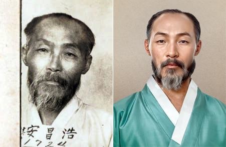 안창호 선생의 원본 사진(왼쪽)과 AI를 활용해 복원된 이미지. 국가보훈부 제공