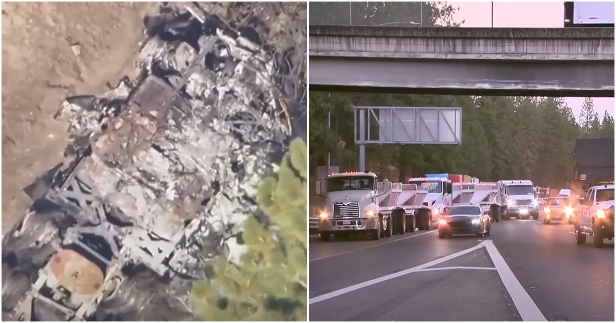 지난 19일 오전 3시 15분경 캘리포니아 북부 새크라멘토에서 북동쪽으로 약 113㎞ 떨어진 주간 고속도로에서 주행 중이던 테슬라 전기 트럭 세미가 갑자기 도로를 벗어난 뒤 갓길 옆에 있던 나무를 들이받은 후 불에 탄 모습(좌) / 유튜브 'KCRA 3'