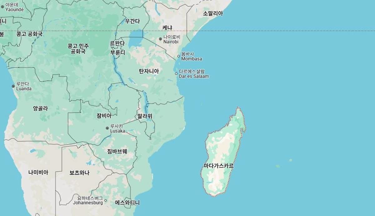 두 선교사가 숨진 마다가스카르. 금품을 탈취한 것으로 보아 금전적 목적이 있었던 범행일 가능성이 크지만, 범행의 정확한 동기는 아직 밝혀지지 않았다. 선교사의 국내 유가족도 현지로 향한 것으로 전해졌다 / 구글지도 캡처(연합뉴스)