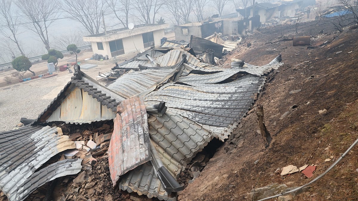 27일 경북 영양군 석보면 법성사 대웅전이 화마로 인해 무너져 있는 모습 / 연합뉴스