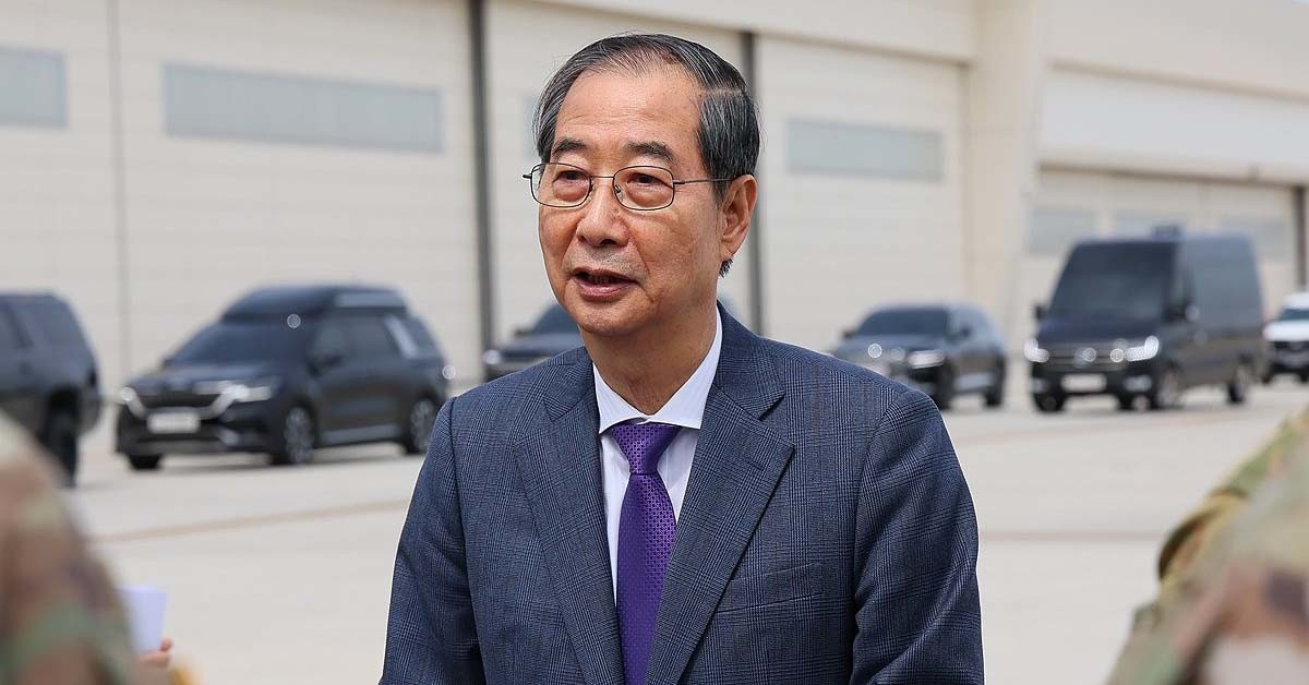 한덕수 대통령 권한대행 국무총리가 23일 경기도 평택 캠프 험프리스 한미연합사령부를 방문해 발언하고 있다. / 총리실 제공