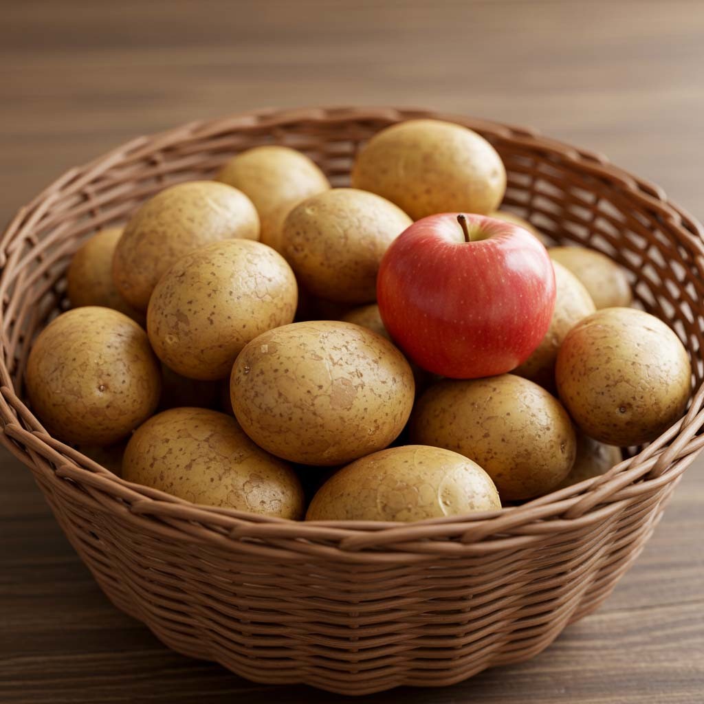 감자 바구니에 사과를 함께 넣으면 싹이 트는 걸 늦출 수 있다. AI 툴로 제작한 이미지.