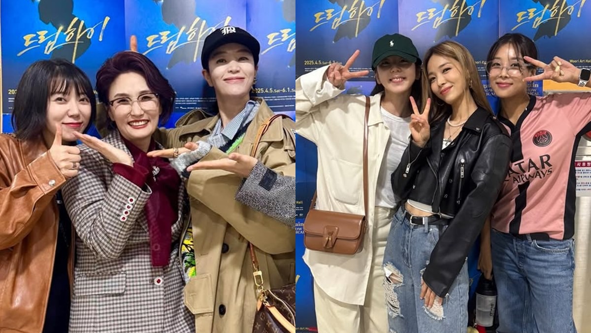 뮤지컬 '드림하이'를 관람한 스타들의 인증샷 (왼쪽부터 오른쪽으로) 김지영, 박경림, 김혜수, 안소희, 선예, 유빈 / 김혜수 인스타그램, 소희 인스타그램