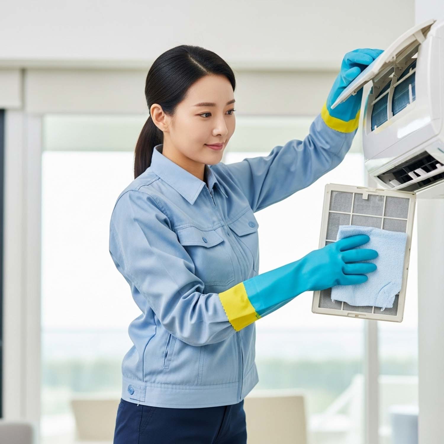 에어컨 필터를 제거하는 모습. AI 툴로 제작한 이미지.