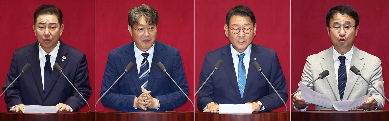 김병기 국회 운영위원장(왼쪽부터), 이춘석 법제사법위원장, 김교흥 문화체육관광위원장, 한병도 예산결산위원장이 27일 서울 여의도 국회에서 열린 본회의에서 당선 인사말을 하고 있다. / 뉴스1