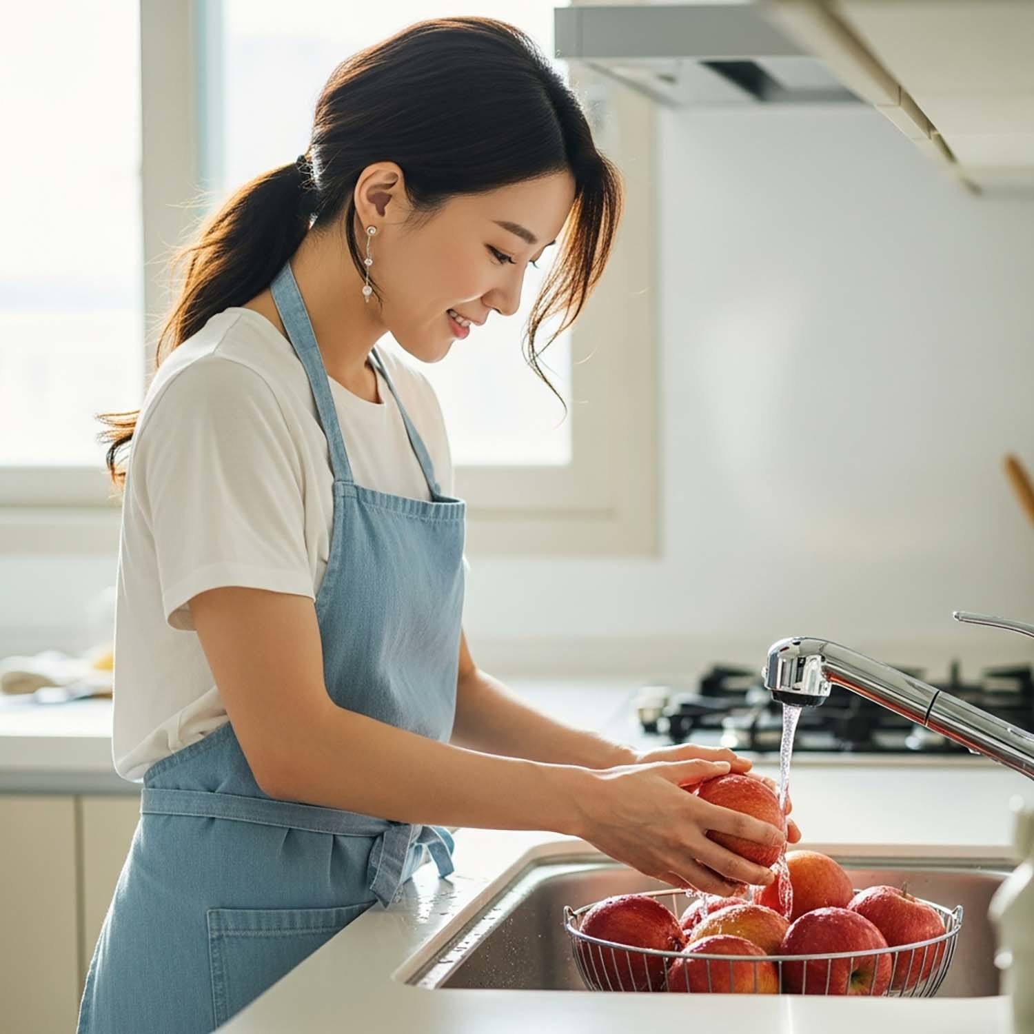 사과를 씻는 모습. AI 툴로 제작한 이미지.