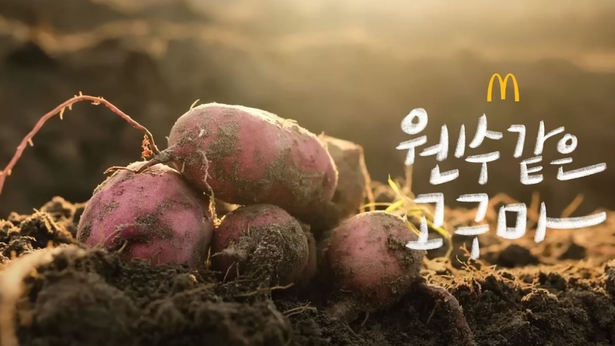'익산 고구마 모짜렐라 버거' 홍보 영상 '웬수 같은 내 고구마의 대 변 신!(45's)' 중 일부. / 유튜브 '한국 맥도날드'