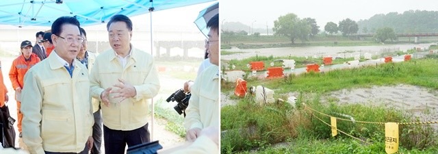 김영록 전라남도지사가 17일 오후 ‘화순 서태2지구 풍수해생활권 종합 정비사업’ 현장을 방문, 호우대비 대처 상황을 점검하고 비상상황 발생시 인명피해가 발생하지 않도록 체계적인 대응 태세 구축을 당부하고 있다.