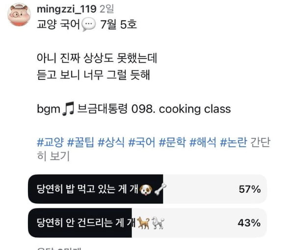 밥 먹을땐 개도 안 건드린다 속담 해석 투표 / 인스타그램 'mingzzi_119' 캡처