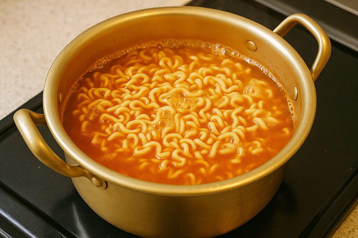 냄비에서 맛있게 끓고 있는 라면 모습. 기사 이해를 돕기 위해 AI를 활용해 제작한 자료 이미지입니다.