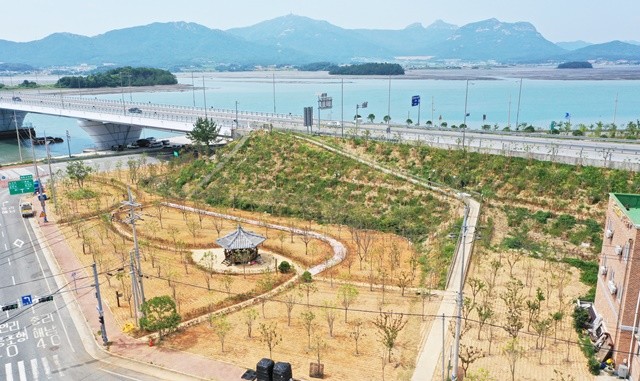 기후 대응 도시 숲이 조성된 완도 군외면 원동교차로 일원 전경