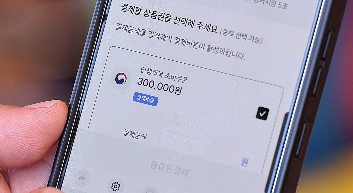 지난 27일 서울 동대문구 청량리종합시장을 찾은 한 시민이 민생회복 소비쿠폰을 사용하고 있다. / 뉴스1