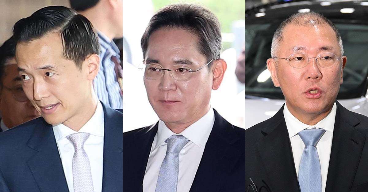 왼쪽부터 김동관 한화그룹 부회장, 이재용 삼성전자 회장, 정의선 현대자동차그룹 회장(가나다 순). / 뉴스1