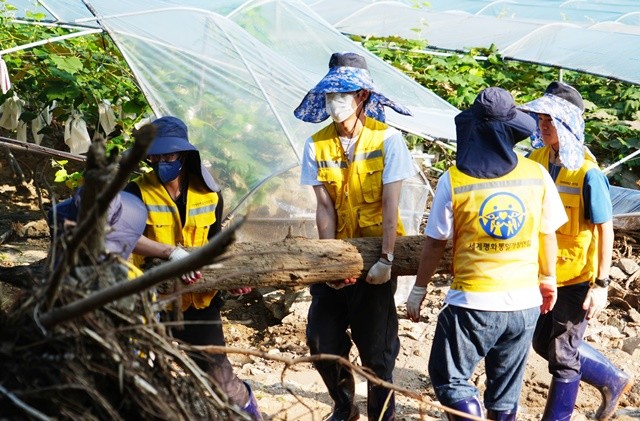 특별재난지역으로 선포된 이후 연일 수해복 활동에 참여하고 있는 세계평화통일가정연합.