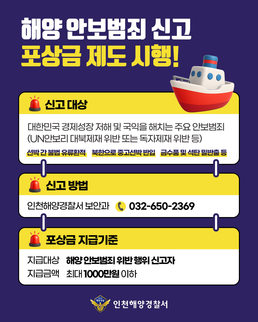 인천해양경찰서에서 해양 안보범죄 신고 포상금 제도를 운영한다. / 인천해양경찰서 제공