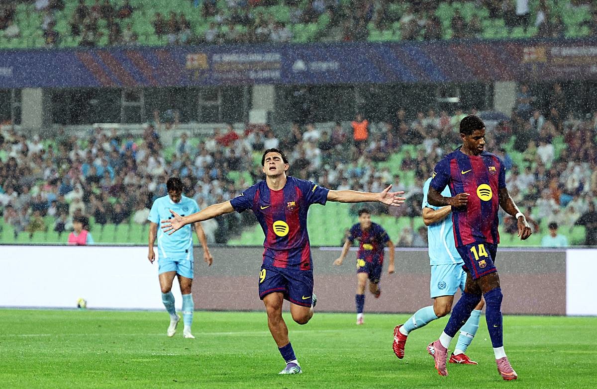 지난 4일 오후 대구 수성구 대구스타디움에서 열린 '2025 FC바르셀로나 아시아투어' 대구FC와 FC바르셀로나의 경기에서 후반 FC바르셀로나 안토니오 페르난데스가 팀의 네번째 골을 넣고 세리머니하고 있다 / 뉴스1