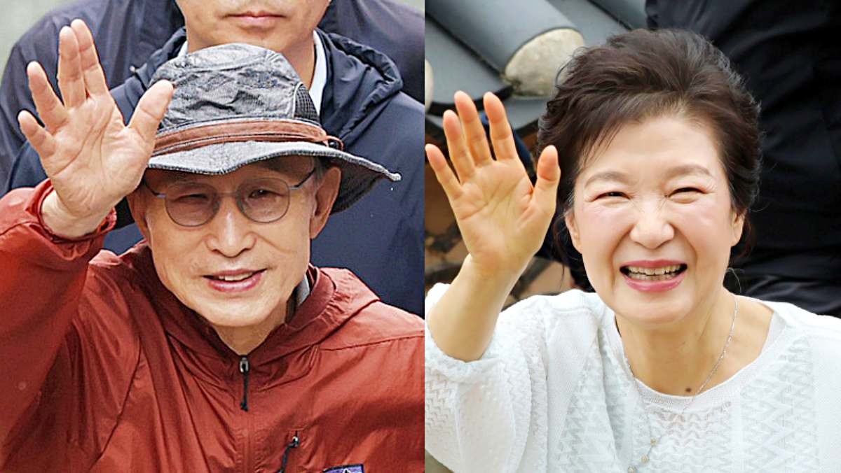 사진은 서울시장 재임 시절 복원한 청계천을 찾은 이명박 전 대통령과 부산 금정구 범어사를 방문한 박근혜 전 대통령. / 뉴스1
