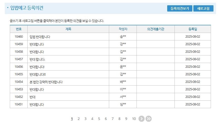 법안에 반대하는 의견 댓글 / 국회 의안정보시스템 캡처