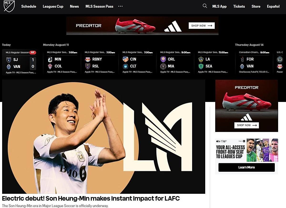 손흥민의 데뷔 소식을 메인 화면에 올린 MLS / 연합늇, MLS 홈페이지 캡처