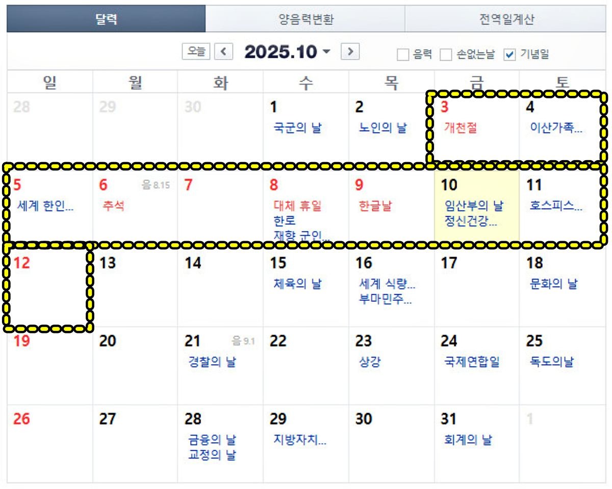 2025년 10월 10일 달력. 10월 10일 임시공휴일이 지정되면 최대 10일 동안 쉴 수 있는 황금휴가가 완성된다. / 네이버
