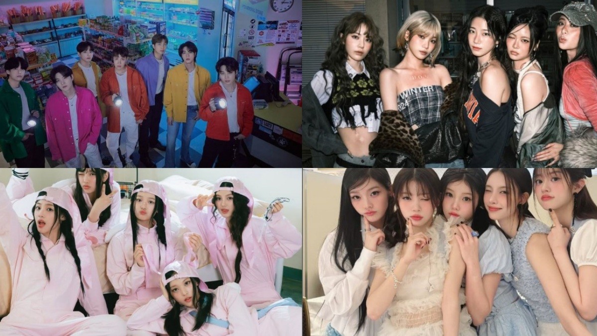 하이브 레이블의 대표 그룹들 (왼쪽에서부터 시계방향으로 BTS, 르세라핌, 아일릿, 뉴진스) / BTS, 르세라핌, 아일릿, 뉴진스 인스타그램