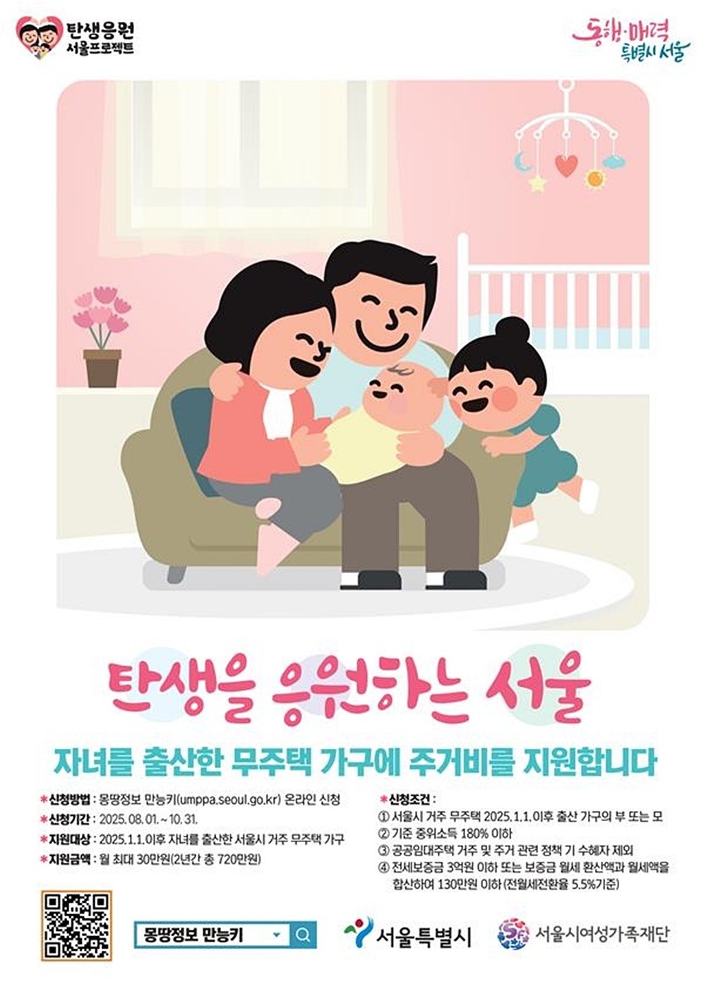 서울시가 '자녀 출산 무주택가구 주거비 지원사업'의 2차 신청을 받는다고 최근 밝혔다. 해당 사업은 출산 후 높은 집값 부담으로 서울을 떠나는 신혼부부를 줄이기 위해 주거비 부담을 덜어주는 데 초점을 맞춘 서울시의 저출생 대책이다. / 서울시 제공