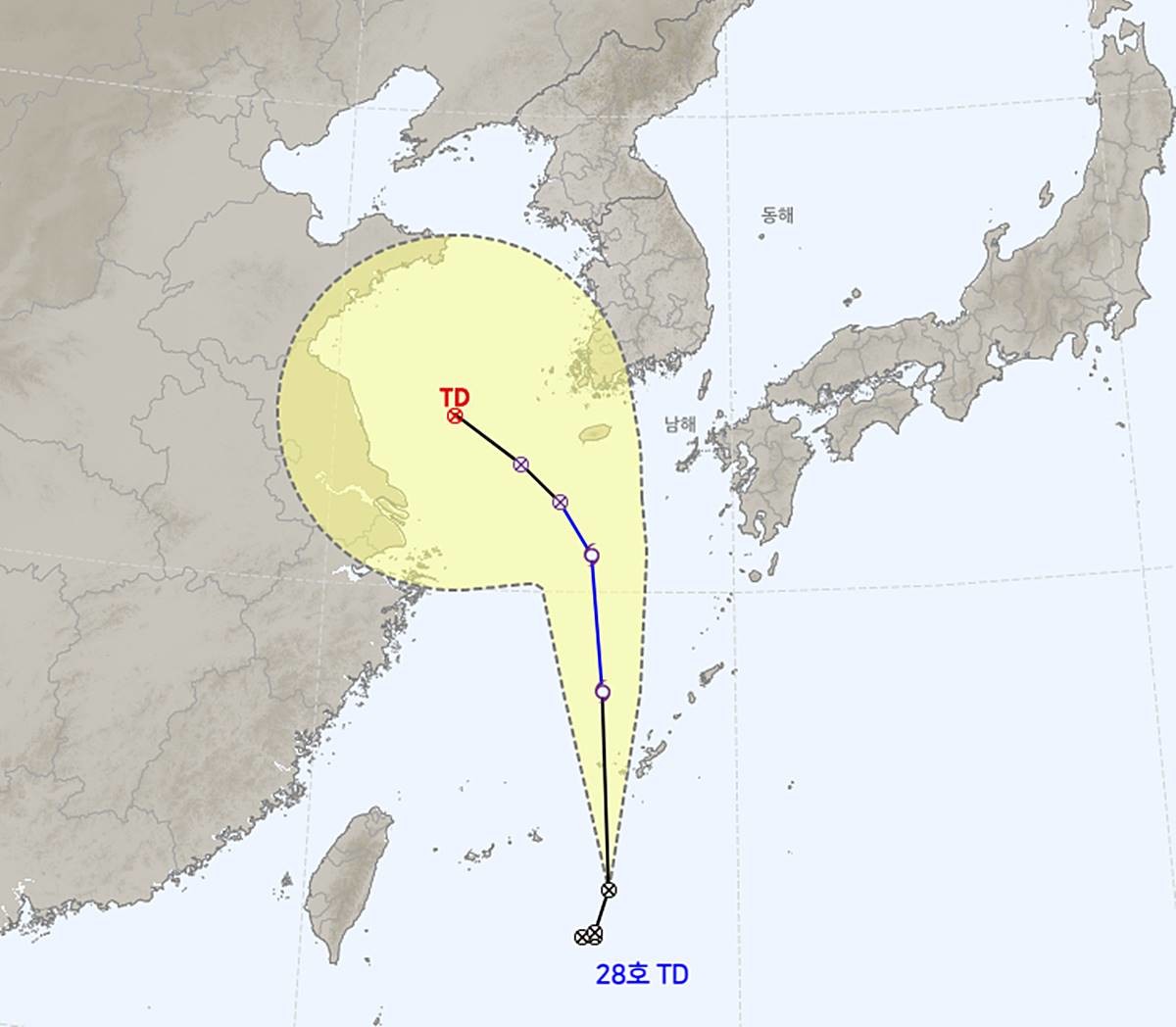 제28호 열대저압부 예상 경로(기준 : 19일 4시 30분) / 연합뉴스TV, 기상청 제공