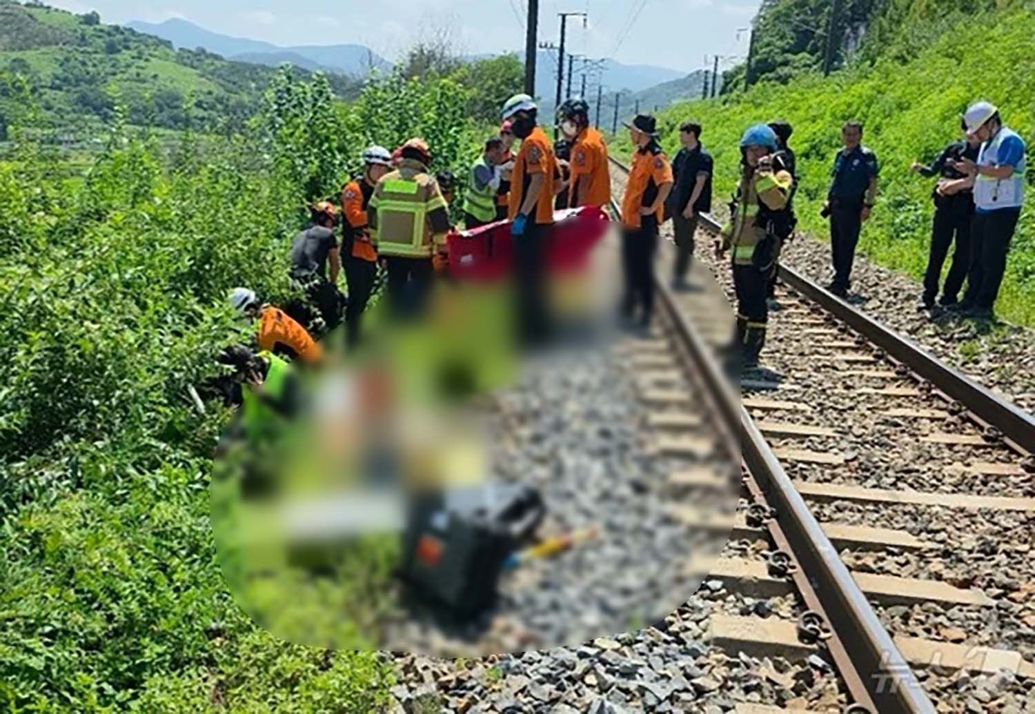 19일 오전 10시 52분쯤 경북 청도군 청도소싸움 경기장 인근 경부선 철로에서 마산으로 향하던 무궁화 열차가 선로에서 작업하던 근로자 7명을 치는 사고가 발생해 출동한 119구조대원이 부상자를 옮기고 있다. / 경북소방본부 제공