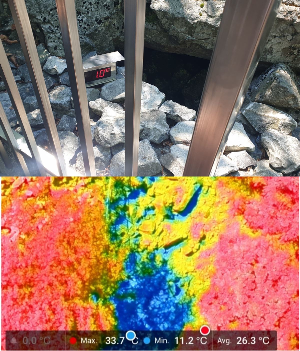 열화상 드론으로 촬영한 밀양 얼음골, 한낮에도 1도를 유지한다. / 산림청 국립수목원 제공