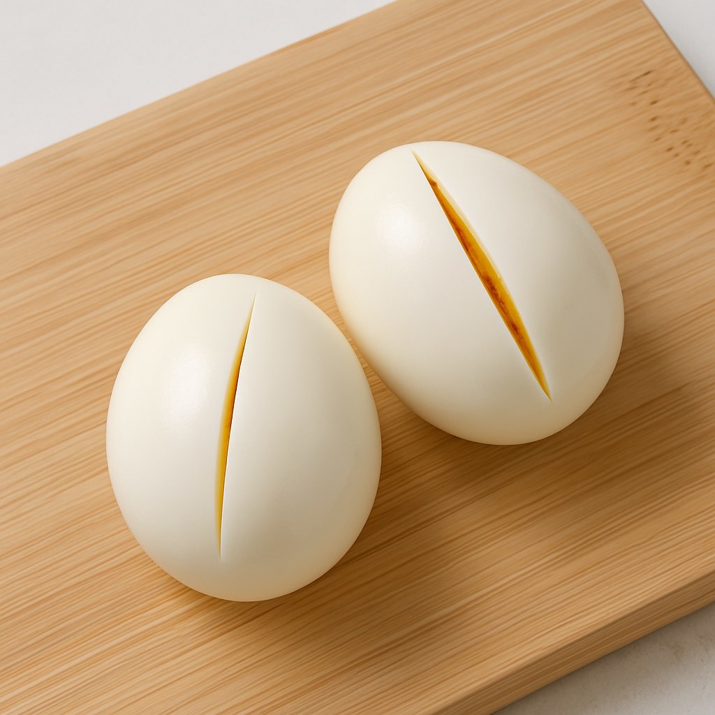 삶은 계란에 칼집을 낸 모습