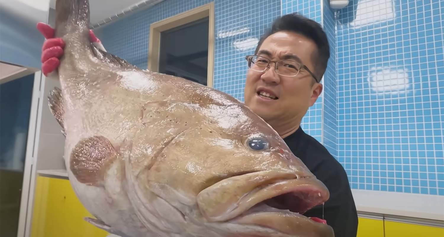 김민성 셰프가 초대형 점줄우럭을 들어 보여주고 있다. / '일타쿠마' 유튜브