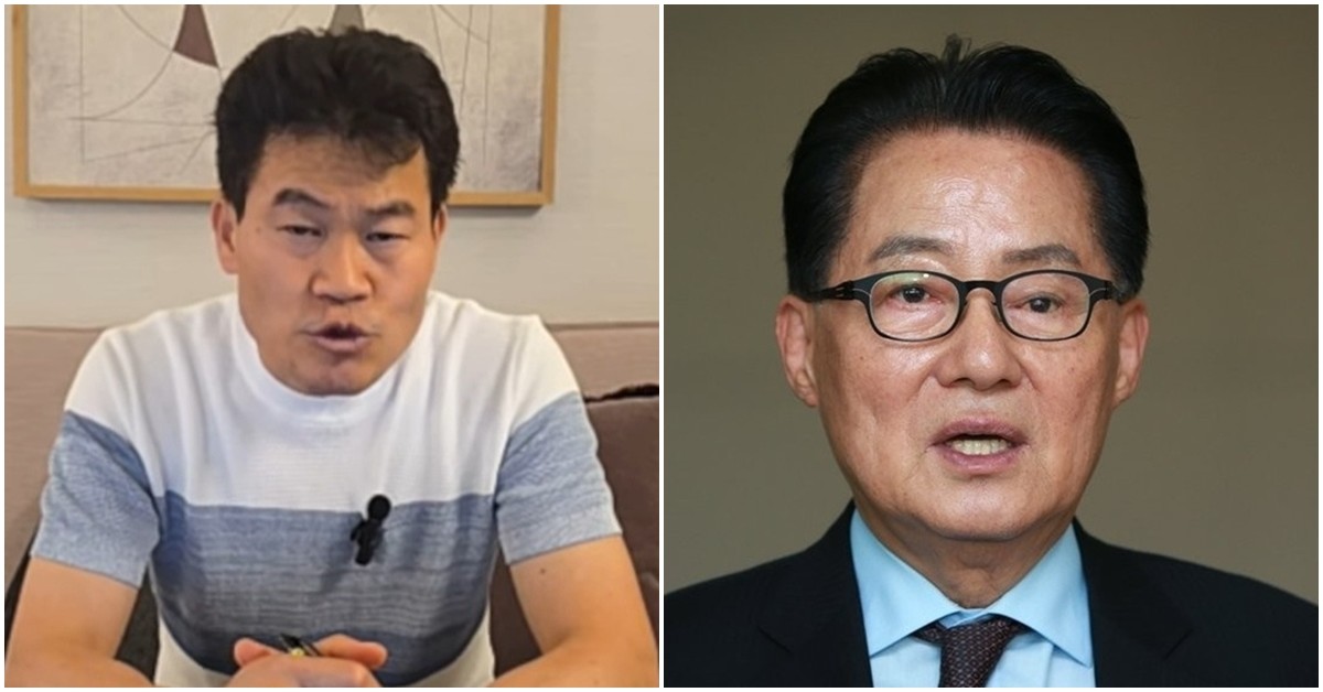 26일 미국 워싱턴에서 유튜브 채널 라방 중인 전한길(왼쪽) 씨와 박지원 더불어민주당 의원. / 유튜브 채널 전한길뉴스, 연합뉴스