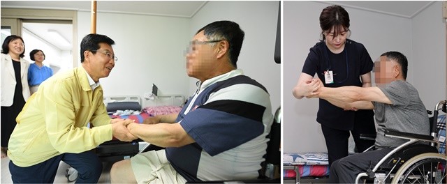 박병규 광산구청장(왼쪽)이 우산동 공공임대주택 내 마련된 ‘중간집’에 입주해  ‘살던집’ 프로젝트 서비스를 받고 있는 주민과 인사를 나누고 있다.(왼쪽). ‘살던집’ 프로젝트의 회복‧자립 공간인 ‘중간집’에 입주한 주민이 ‘케어홈센터’에 상주하는 전문 작업치료사와 함께 재활 운동을 하고 있다.
