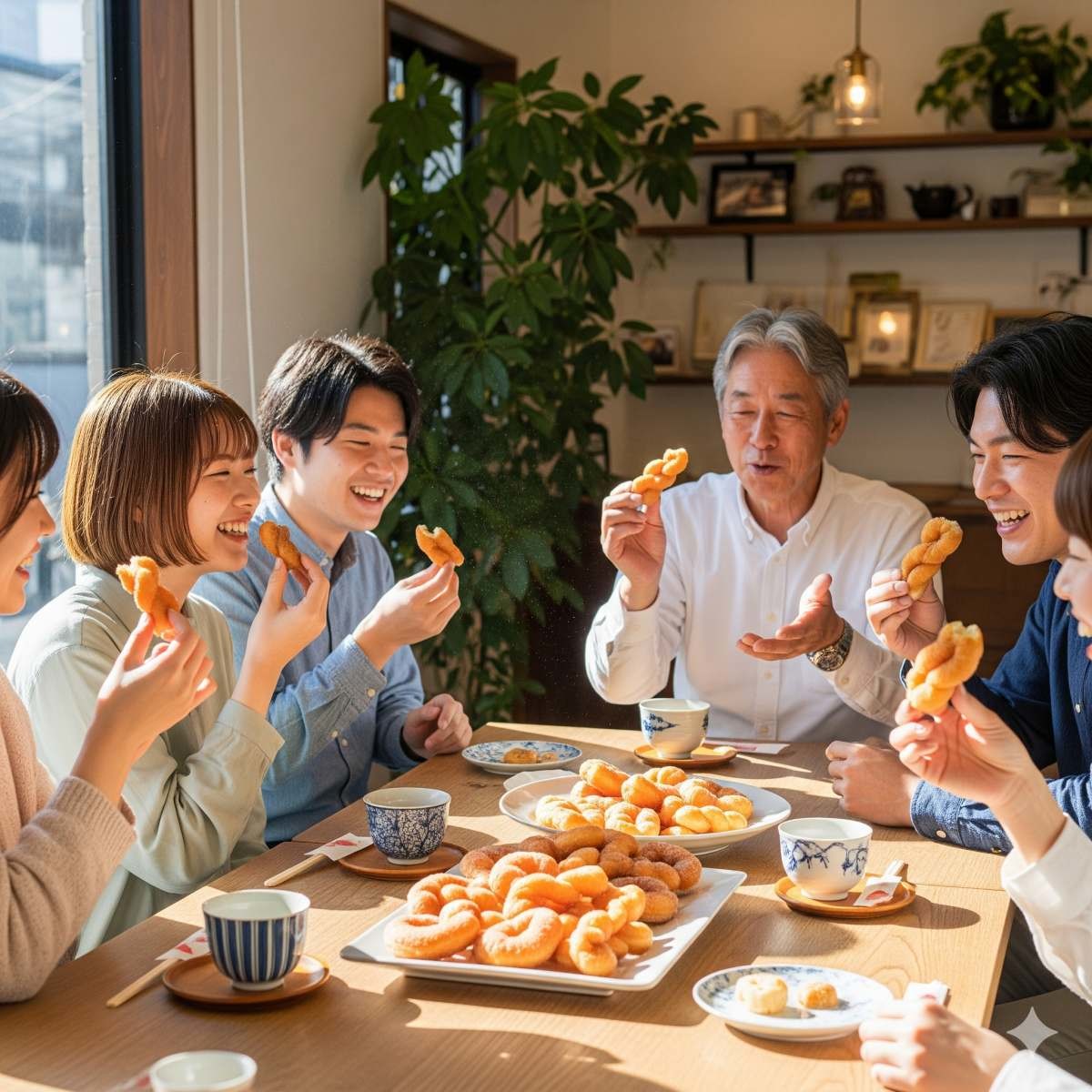 꽈배기를 맛있게 먹는 일본인들. 기사 내용을 바탕으로 AI가 생성한 자료사진.