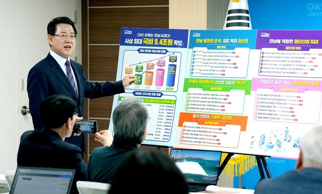 김영록 전라남도지사가 29일 도청 브리핑룸에서 ‘2026년 국고 건의 정부예산반영 성과’ 언론 브리핑을 통해 “2026년 정부 예산안에 국비 약 9조 4천억 원을 확보, 지난해보다 5천 260억 원이 증가했다”고 밝히고 있다.