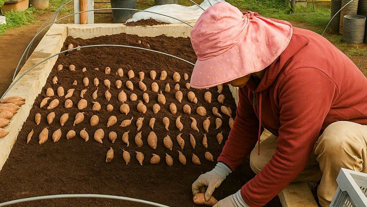 씨고구마를 심고 있는 모습. 기사 내용을 바탕으로 AI가 생성한 자료사진.